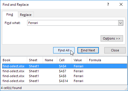 excel for mac find and select