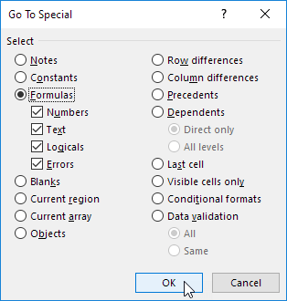how to get to go to special in excel for mac