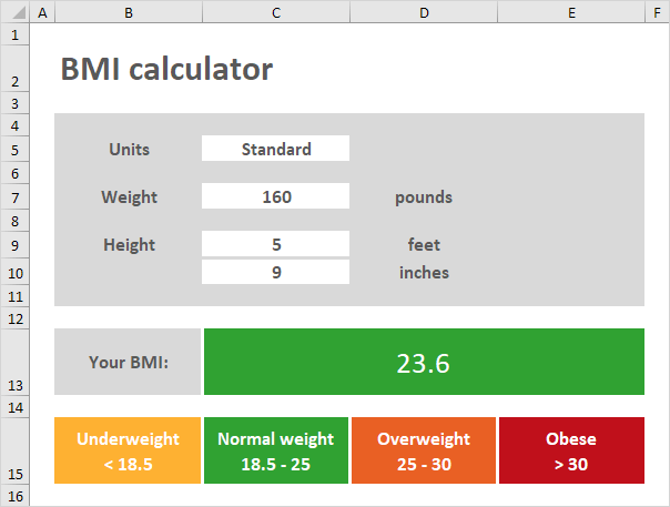 adding body mass index calculator into excel