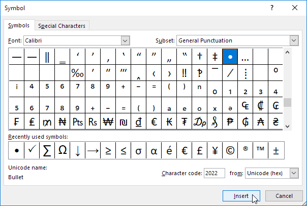 windows key command for bullet point