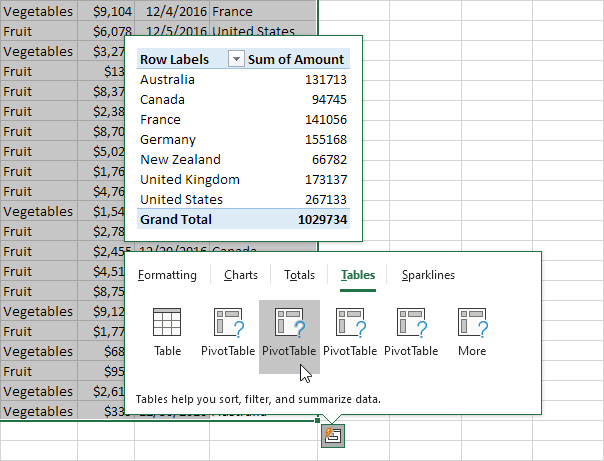 populate the quick analysis tool in excel