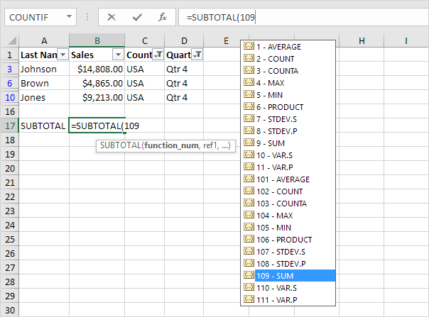 excel mac how do you find out the function number for subtotal
