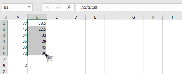 Divide in Excel